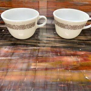 Pyrex Woodland Cups/ Pyrex Corning Milk Glass 8oz Mugs/Teacups brown floral